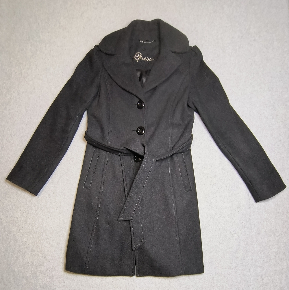 Guess Women's Trench Coat Charcoal Wool Blend Belted Size M